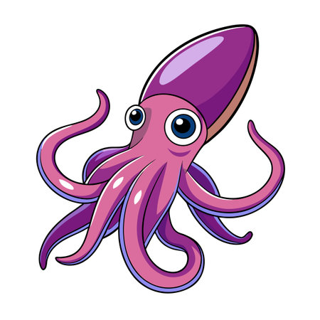 Cute cartoon squid with large eyes and playful tentacles on white backgroundのイラスト素材