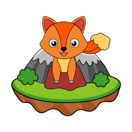 Playful fox cub on a floating island with mountains and bushesのイラスト素材