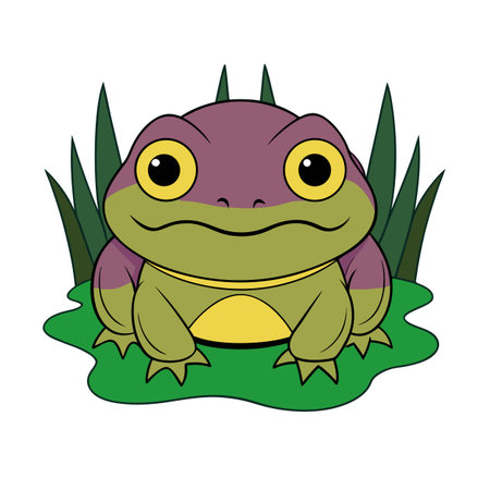 Cartoon frog sitting in the grass with flat graphic style illustrationのイラスト素材