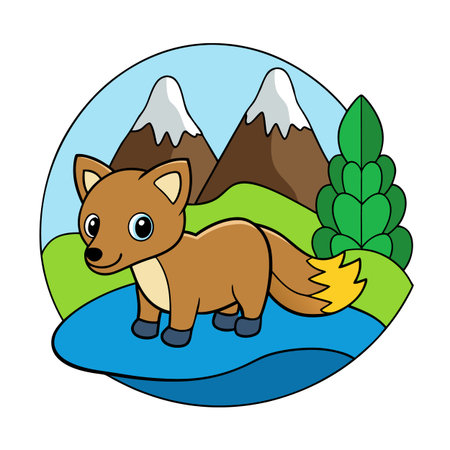 Cute fox in a cartoon landscape with mountains, trees and a lakeのイラスト素材