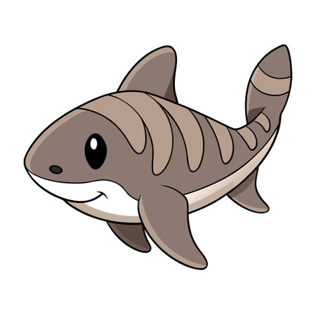 Friendly cartoon shark illustration with brown and white coloring on a white backgroundのイラスト素材