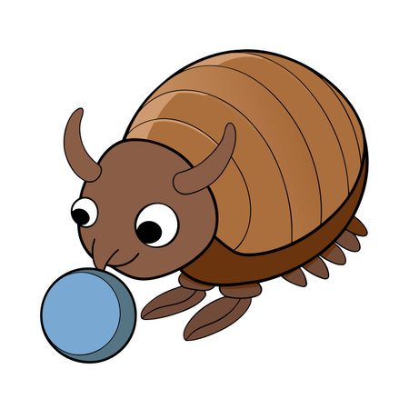 Cute cartoon pill bug playing with a blue ball illustration imageのイラスト素材
