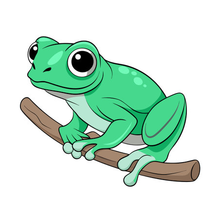 Cartoon Green Frog on a Branch: A Playful Nature Illustrationのイラスト素材