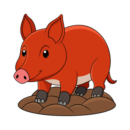 Cartoon Red River Hog Standing on Soil Mound Against White Backgroundのイラスト素材