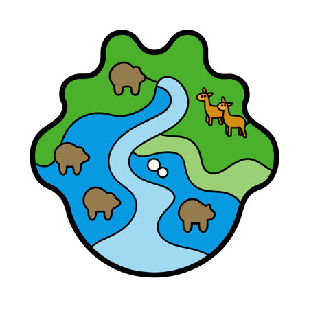 Cartoon illustration of a river with bears and deer on a green landのイラスト素材