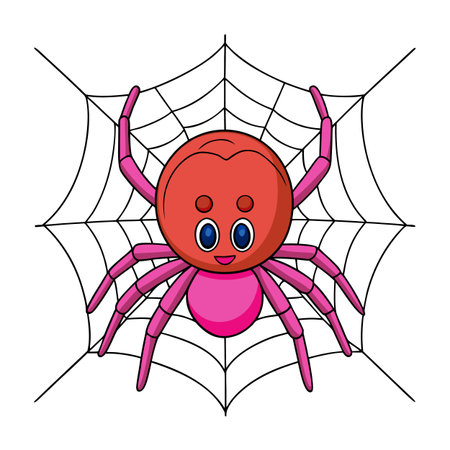 Cute cartoon spider with happy face on a spiderweb illustrationのイラスト素材