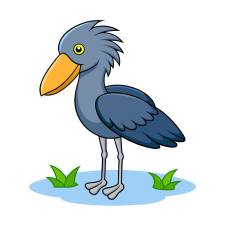 Cartoon Shoebill Stork Illustration Standing in Shallow Water with Green Grassのイラスト素材