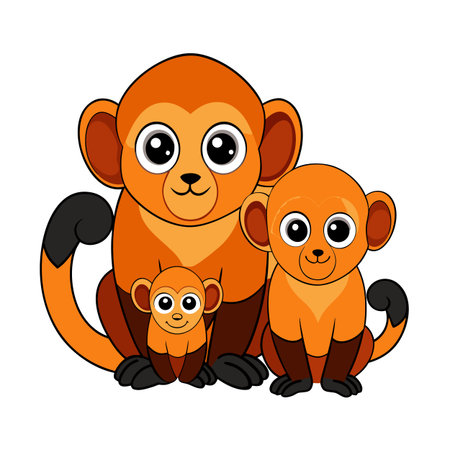 Cartoon monkey family illustration with orange fur and black details on white backgroundのイラスト素材