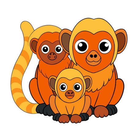 Cute cartoon monkey family with orange fur and big eyes sitting togetherのイラスト素材