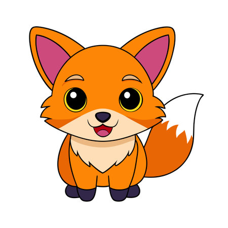 Cute cartoon fox illustration with big eyes and fluffy tail on white backgroundのイラスト素材