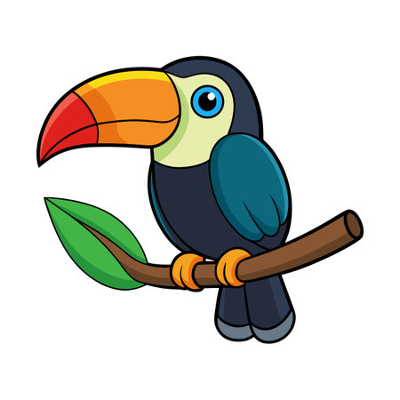 Cartoon Toucan Perched on Branch with Green Leaf Isolated on White Backgroundのイラスト素材