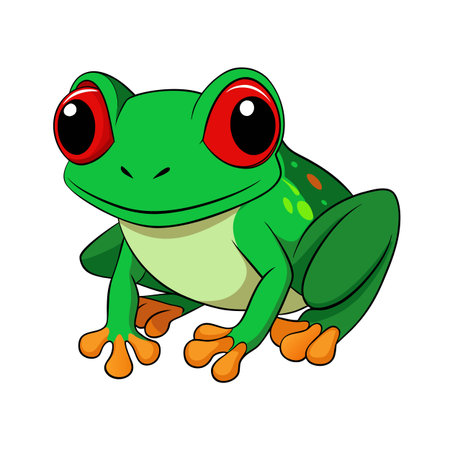 Cartoon Tree Frog Illustration with Red Eyes and Orange Feet on Whiteのイラスト素材