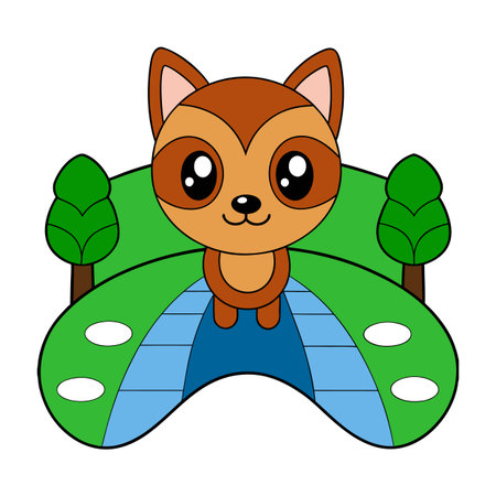Cartoon animal character standing on a colorful path in a grassy landscapeのイラスト素材