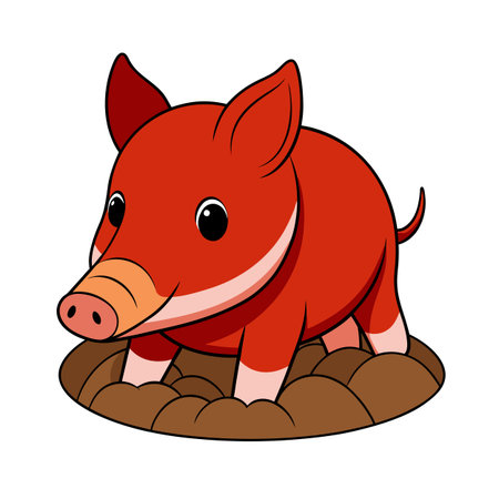 Cartoon red piglet standing in brown mud with black outline graphic elementsのイラスト素材
