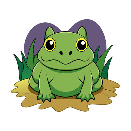 Cartoon frog sitting on sand with grass and purple ovals behindのイラスト素材