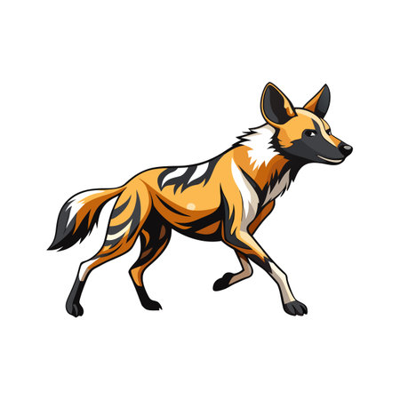 Cartoon African wild dog illustration with orange fur and striped patternのイラスト素材
