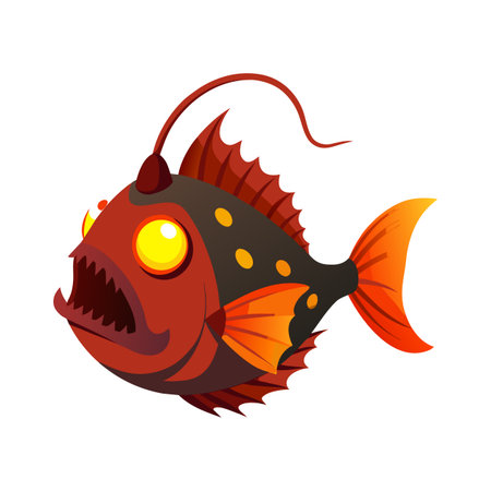 Cartoon anglerfish with sharp teeth and bioluminescent lure on a white backgroundのイラスト素材
