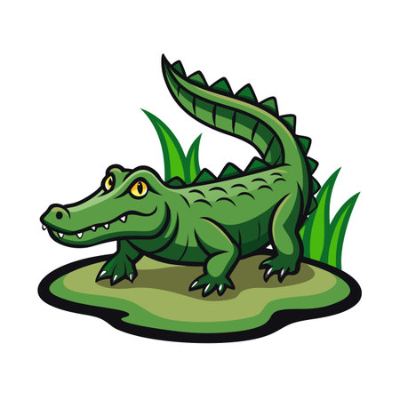 Cartoon alligator walking on a pond with grass background design illustrationのイラスト素材