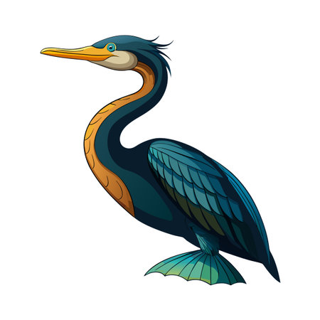 Detailed cartoon illustration of a blue and golden heron on white backgroundのイラスト素材