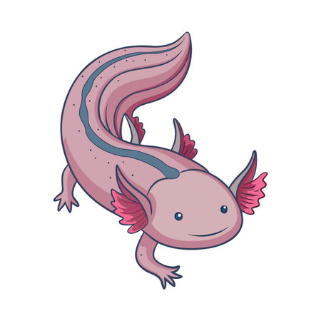 Cartoon Axolotl Illustration: Adorable Pink Amphibian with Blue Details on a White Backgroundのイラスト素材