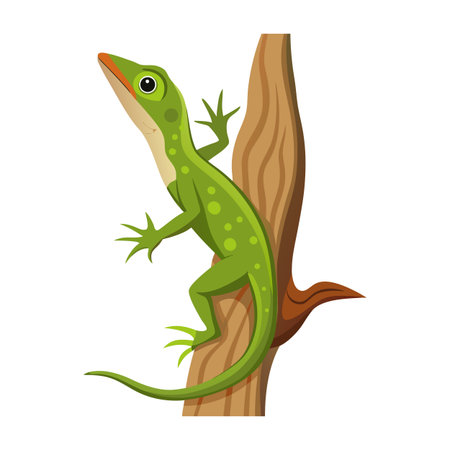 Green lizard climbing up tree branch, illustrated vector image with smooth gradientsのイラスト素材