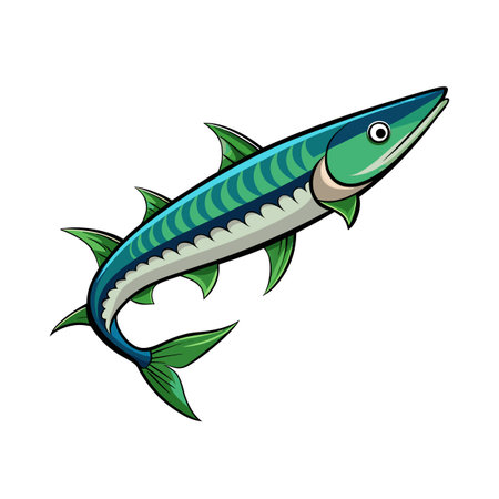 Cartoon Barracuda Illustration in Green and Blue on White Backgroundのイラスト素材