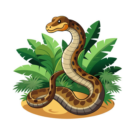 Cartoon snake on a sand hill with tropical leaves, vector graphicのイラスト素材