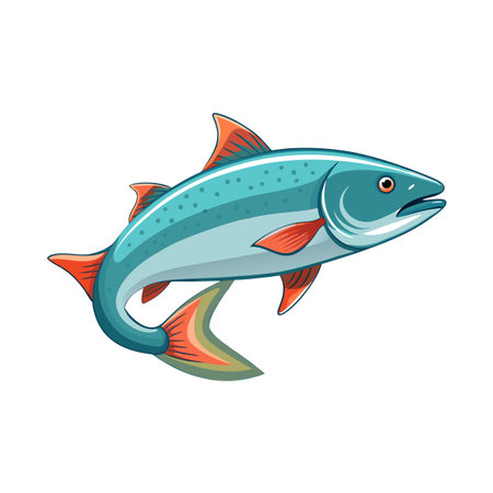 Illustrated salmon swimming upwards on a white background, clean and cartoonish lookのイラスト素材