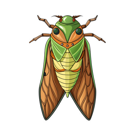Colorful cartoon cicada illustration with detailed wings, segmented body and large eyesのイラスト素材