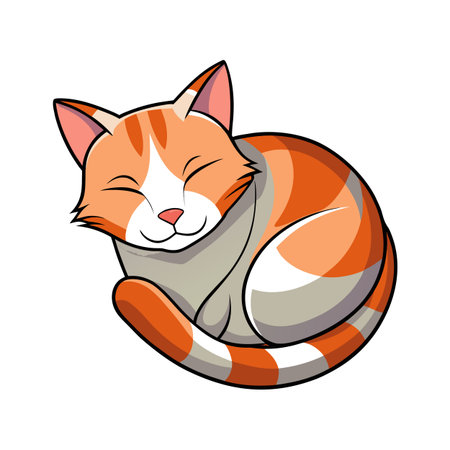 Cartoon orange tabby cat peacefully curled up sleeping on white backgroundのイラスト素材