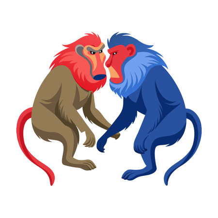 Two stylized monkeys facing each other with bold colors on white backgroundのイラスト素材