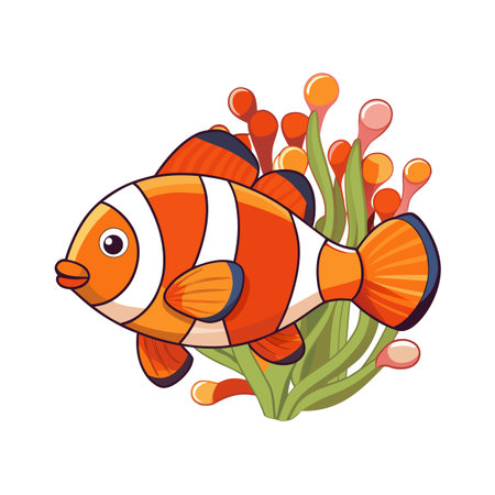 Clownfish swimming near sea anemone cartoon illustration on white backgroundのイラスト素材