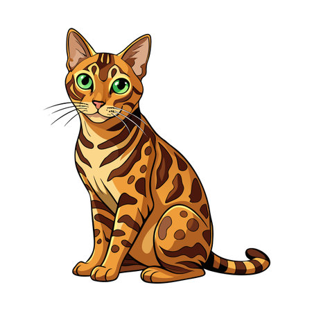Cartoon Bengal Cat Sitting Calmly with Striking Green Eyes on White Backgroundのイラスト素材