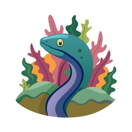 Cartoon eel in a colorful undersea garden background illustrationのイラスト素材