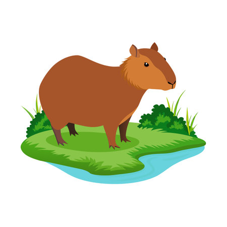 Cartoon capybara standing on grassy riverbank in flat vector illustrationのイラスト素材