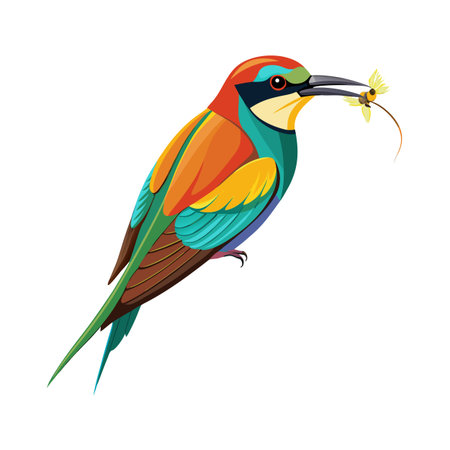 Colorful vector illustration of European Bee-eater bird with flower in beak isolatedのイラスト素材