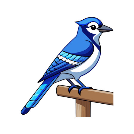Cartoon blue jay perched on wooden perch in a clear vector illustrationのイラスト素材