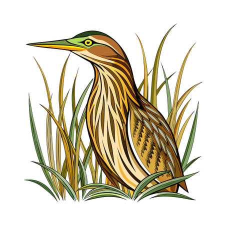 Stylized American Bittern Standing Among Tall Grasses Against a White Backgroundのイラスト素材