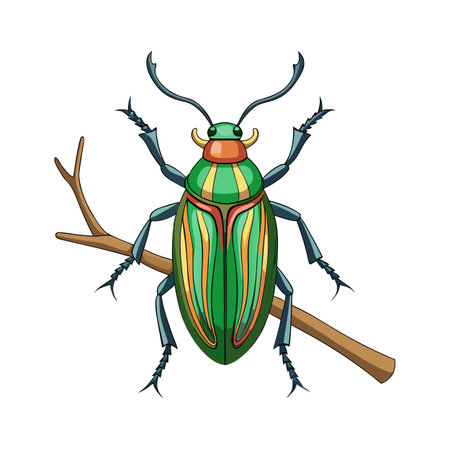 Colorful beetle resting on a branch with vibrant green and orange patternsのイラスト素材