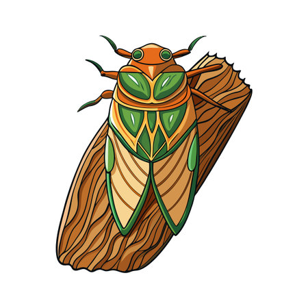 Detailed illustration of an orange and green cicada perched on a textured leafのイラスト素材