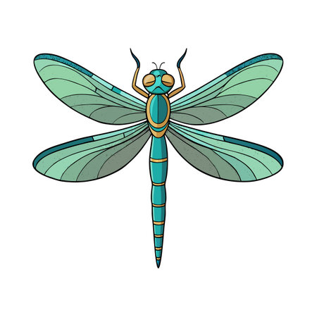 Stylized Teal and Gold Dragonfly Illustration with Symmetrical Wings on White Backgroundのイラスト素材