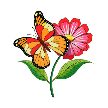 Colorful Butterfly on Red Flower Illustration for Springtime Themes and Nature Designsのイラスト素材
