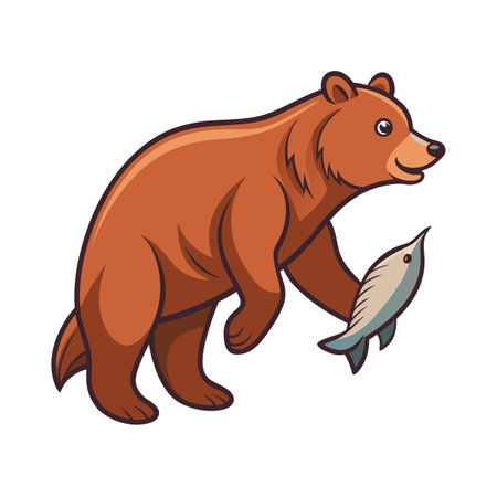 Cartoon brown bear holding a fish illustration on a white backgroundのイラスト素材