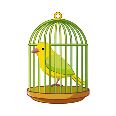Cartoon yellow canary bird sitting inside a green and gold colored cageのイラスト素材