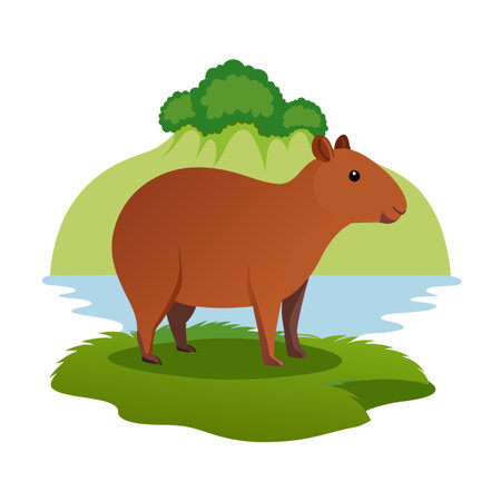 Capybara standing in grassy landscape with water and forested hills in backgroundのイラスト素材
