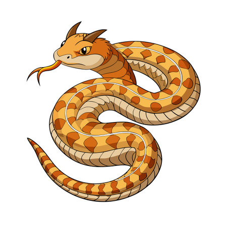 Cartoon snake with horns coiled and tongue out, in warm orange tones