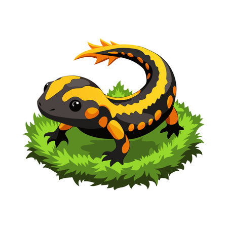 Cartoon fire salamander on green grass patch, isolated on white backgroundのイラスト素材
