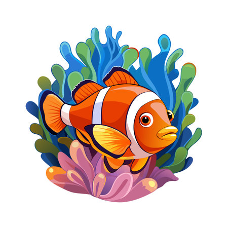 Cartoon Clownfish Swimming Among Colorful Coral and Anemone on a White Backgroundのイラスト素材