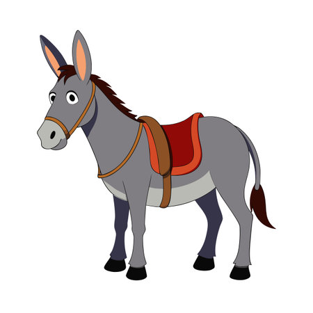 Cartoon donkey with saddle standing isolated on white background, full body shotのイラスト素材