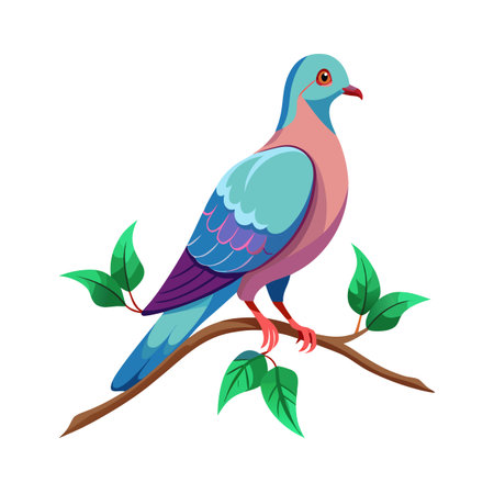 Stylized pastel pigeon perched on a brown branch with green leaves illustrationのイラスト素材